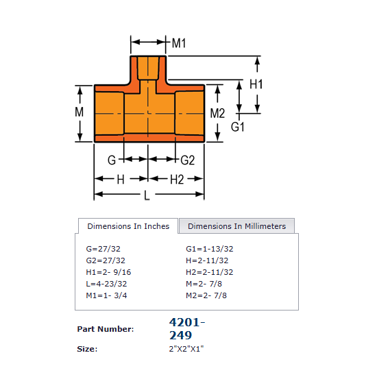 CPVC Fire Sprinkler Reducing Tee, 2" x 2" x 1", Socket x Socket x Socket, Spears Flameguard®, 4201-249 - WeSupplyIt.com