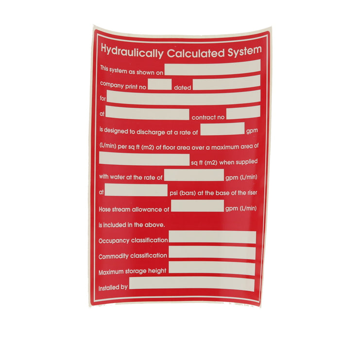 Fire Sprinkler Commercial Calc Sticker Sign, Long Version Vinyl, 5" x 7"