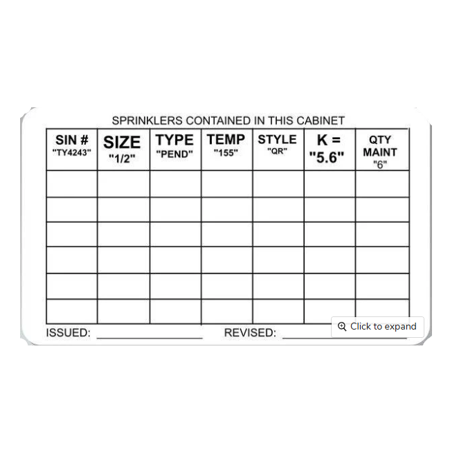 Fire Sprinkler Inventory Sign, Decal, 4" x 2 1/4" - WeSupplyIt.com