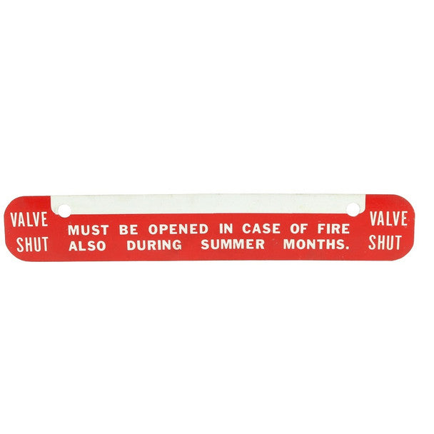 Fire Sprinkler Valve Shut Sign, Aluminum, 8" x 1 1/4" - WeSupplyIt.com